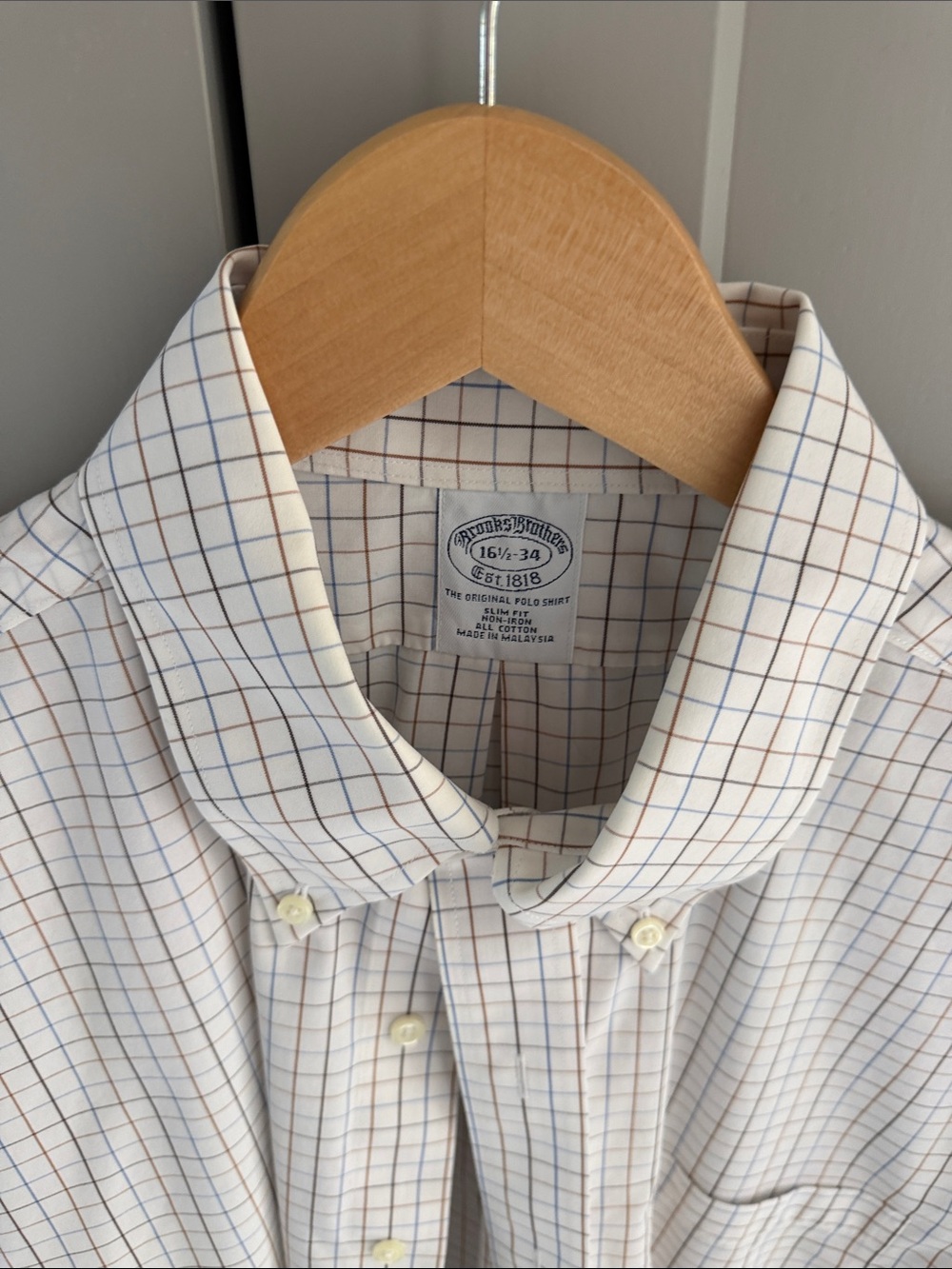 Brooks Brothers Windowpane Button-Down Shirt in White with Blue and Brown Checks